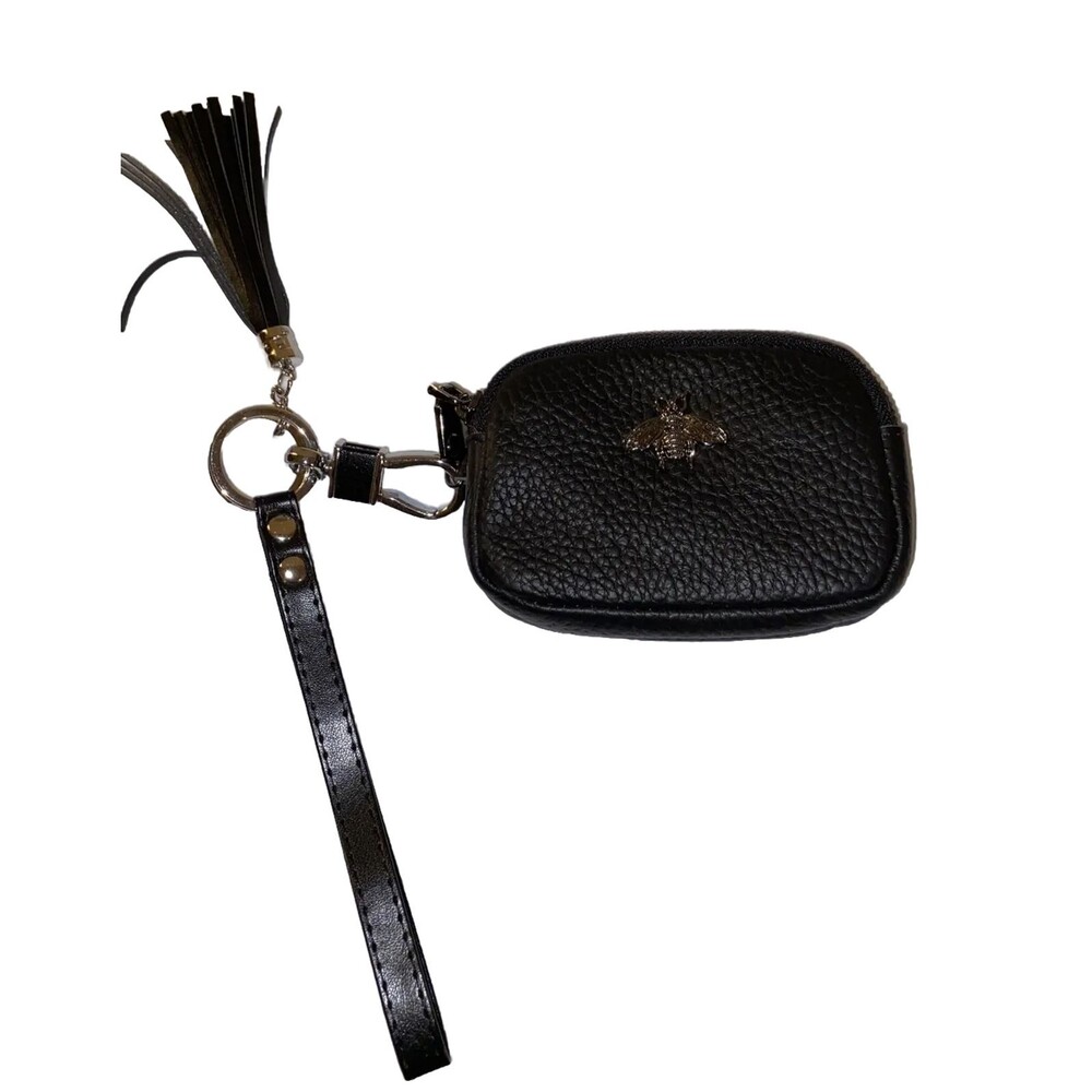 Womens Mini Leather Coin Purse 2 Zipper Compartments Bee Theme